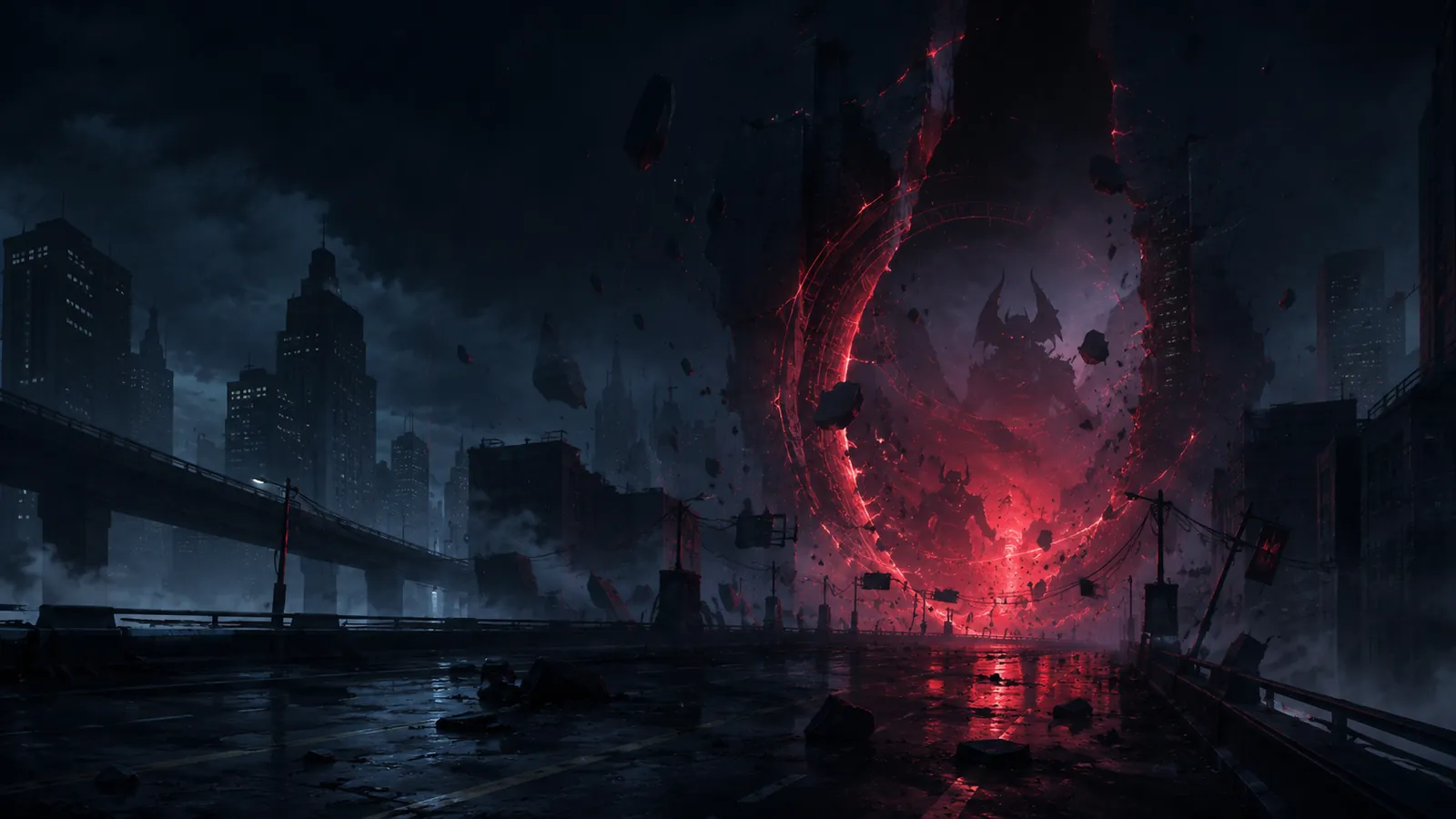 Faille dimensionnelle ouverte au-dessus d'une ville, lueur rouge